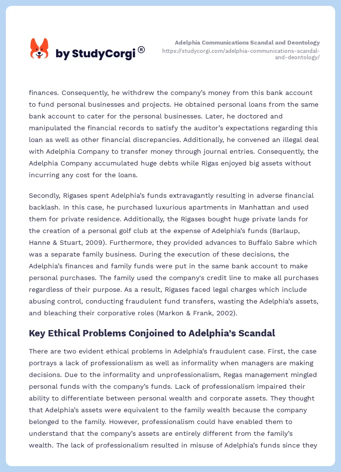 Adelphia Communications Scandal and Deontology. Page 2