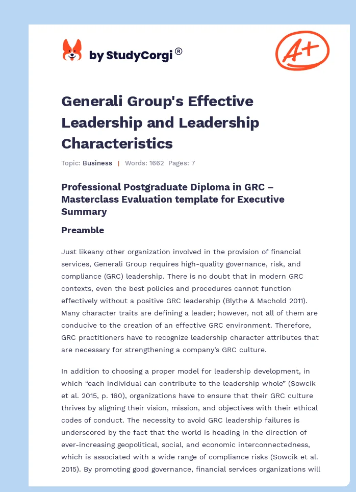 Generali Group's Effective Leadership and Leadership Characteristics. Page 1