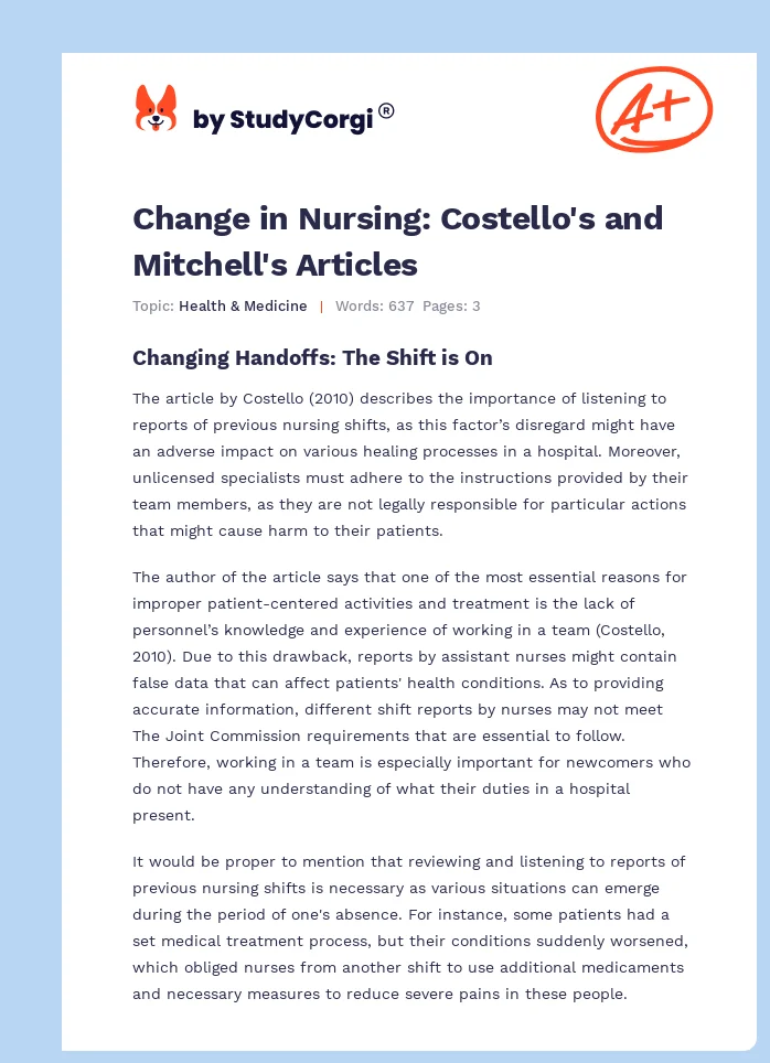 Change in Nursing: Costello's and Mitchell's Articles. Page 1