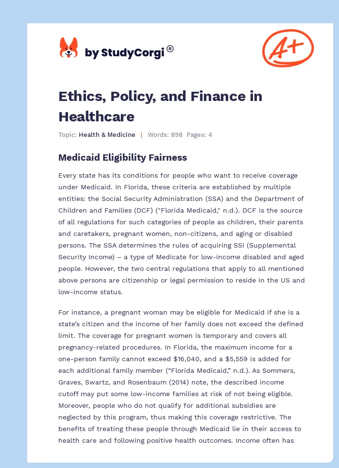 Ethics, Policy, and Finance in Healthcare. Page 1