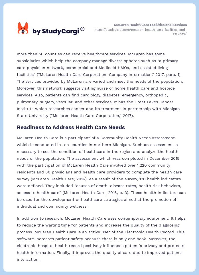 McLaren Health Care Facilities and Services. Page 2