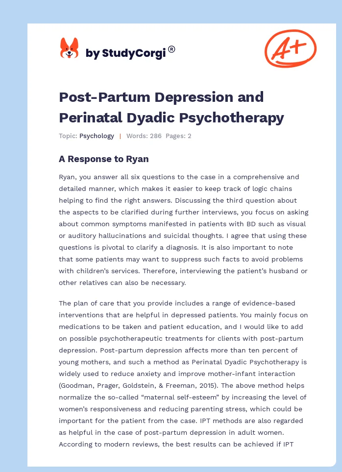 Post-Partum Depression and Perinatal Dyadic Psychotherapy. Page 1