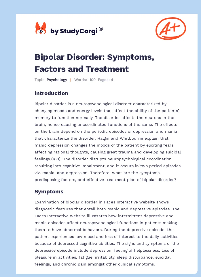 Bipolar Disorder: Symptoms, Factors and Treatment. Page 1