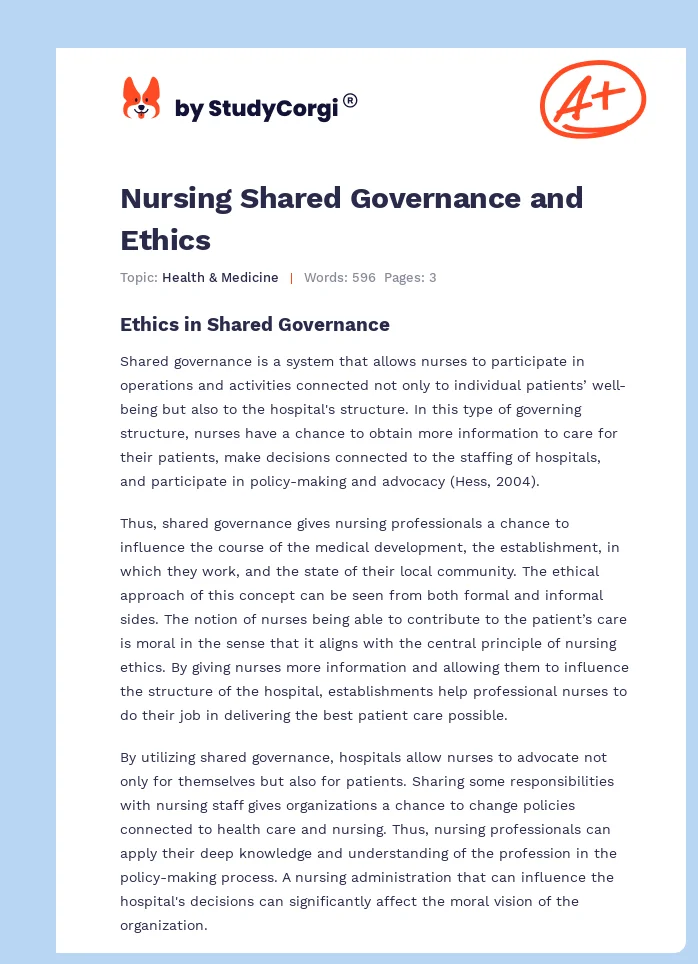 Nursing Shared Governance and Ethics. Page 1