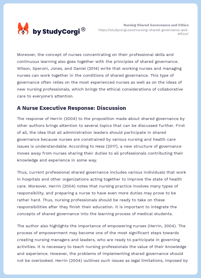Nursing Shared Governance and Ethics. Page 2