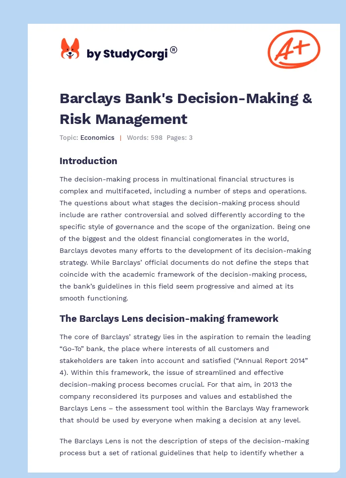 Barclays Bank's Decision-Making & Risk Management. Page 1