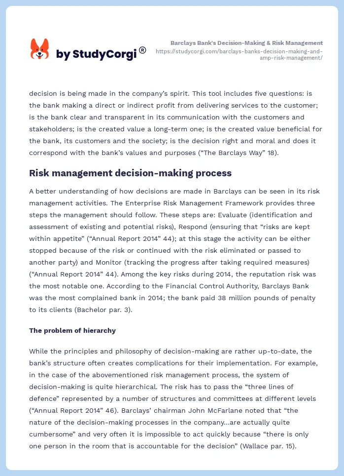 Barclays Bank's Decision-Making & Risk Management. Page 2