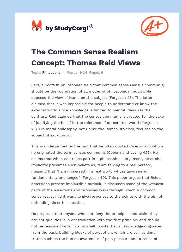 The Common Sense Realism Concept: Thomas Reid Views. Page 1