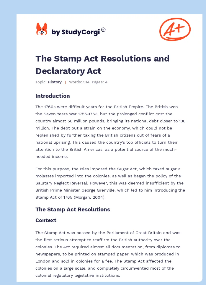 The Stamp Act Resolutions and Declaratory Act. Page 1