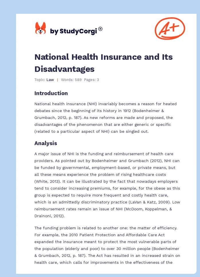 National Health Insurance and Its Disadvantages. Page 1