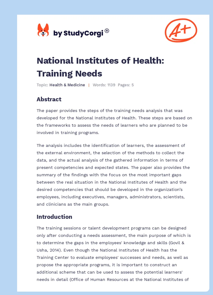 National Institutes of Health: Training Needs. Page 1