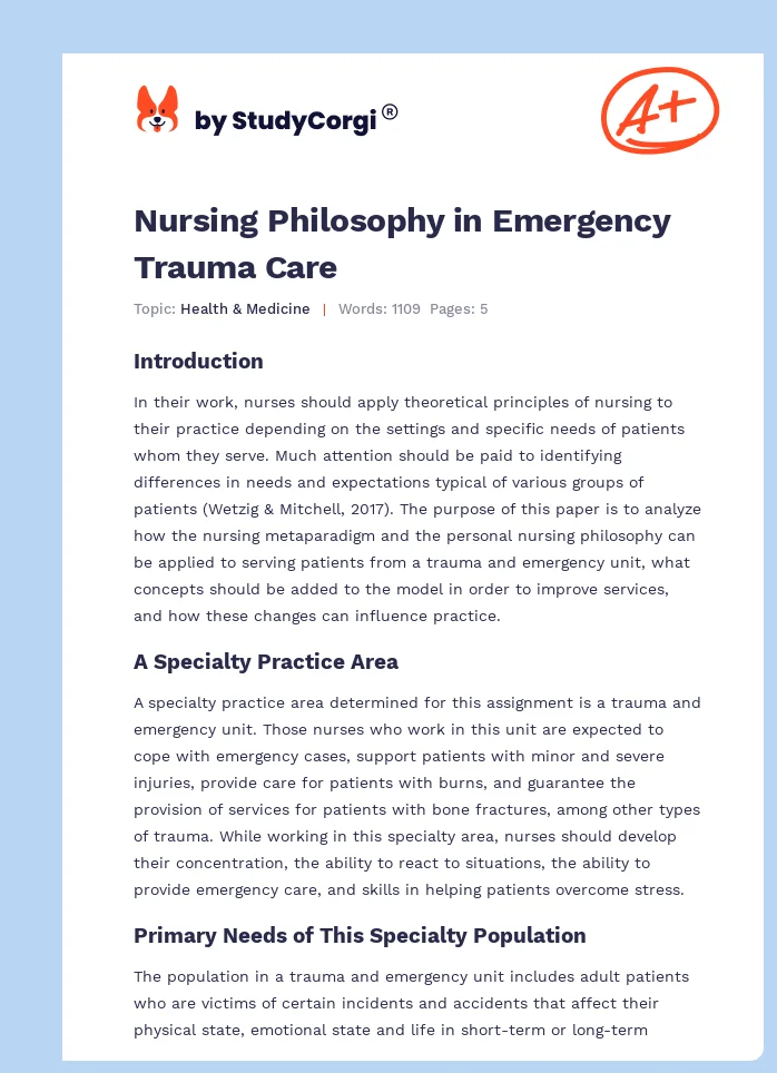 Nursing Philosophy in Emergency Trauma Care. Page 1