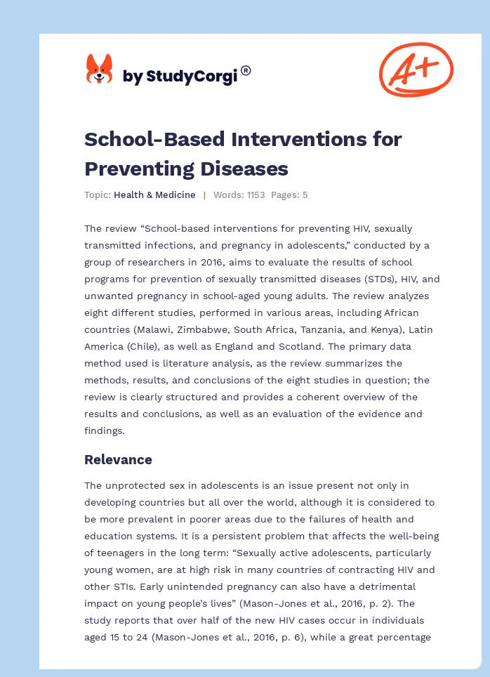 School-Based Interventions for Preventing Diseases. Page 1
