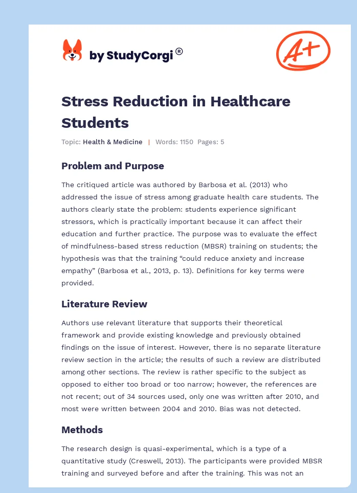 Stress Reduction in Healthcare Students. Page 1