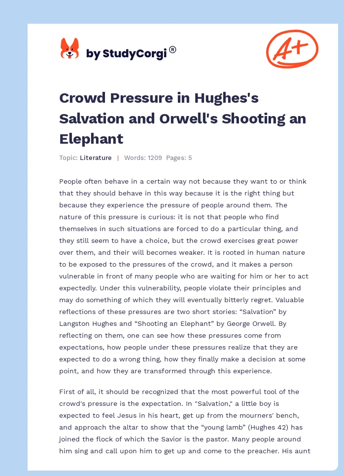 Crowd Pressure in Hughes's Salvation and Orwell's Shooting an Elephant. Page 1