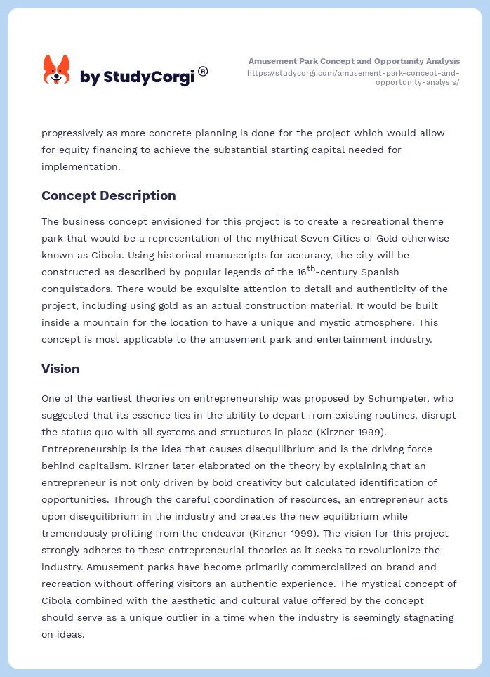 Amusement Park Concept and Opportunity Analysis. Page 2