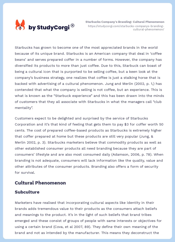 Starbucks Company's Branding: Cultural Phenomenon. Page 2