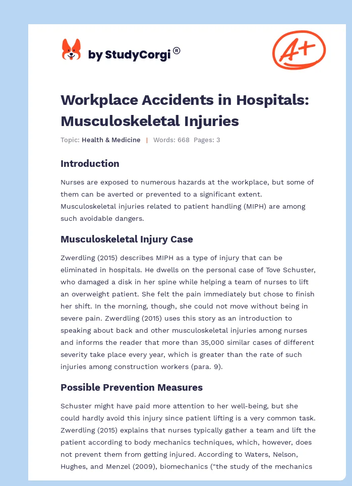 Workplace Accidents in Hospitals: Musculoskeletal Injuries. Page 1
