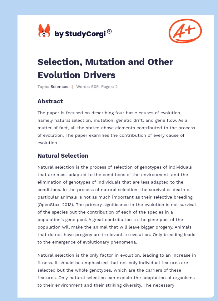 Selection, Mutation and Other Evolution Drivers. Page 1