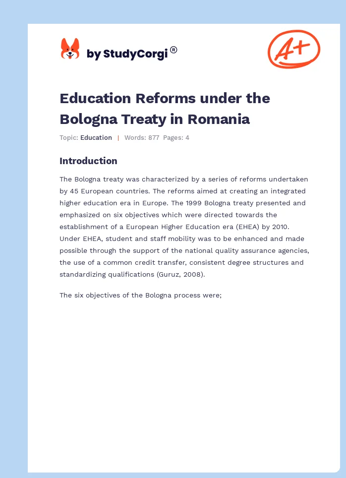 Education Reforms under the Bologna Treaty in Romania. Page 1