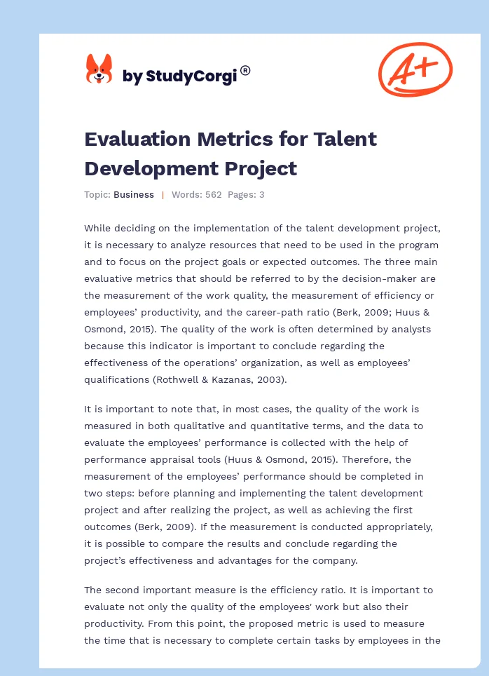 Evaluation Metrics for Talent Development Project. Page 1