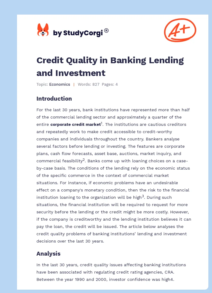 Credit Quality in Banking Lending and Investment. Page 1