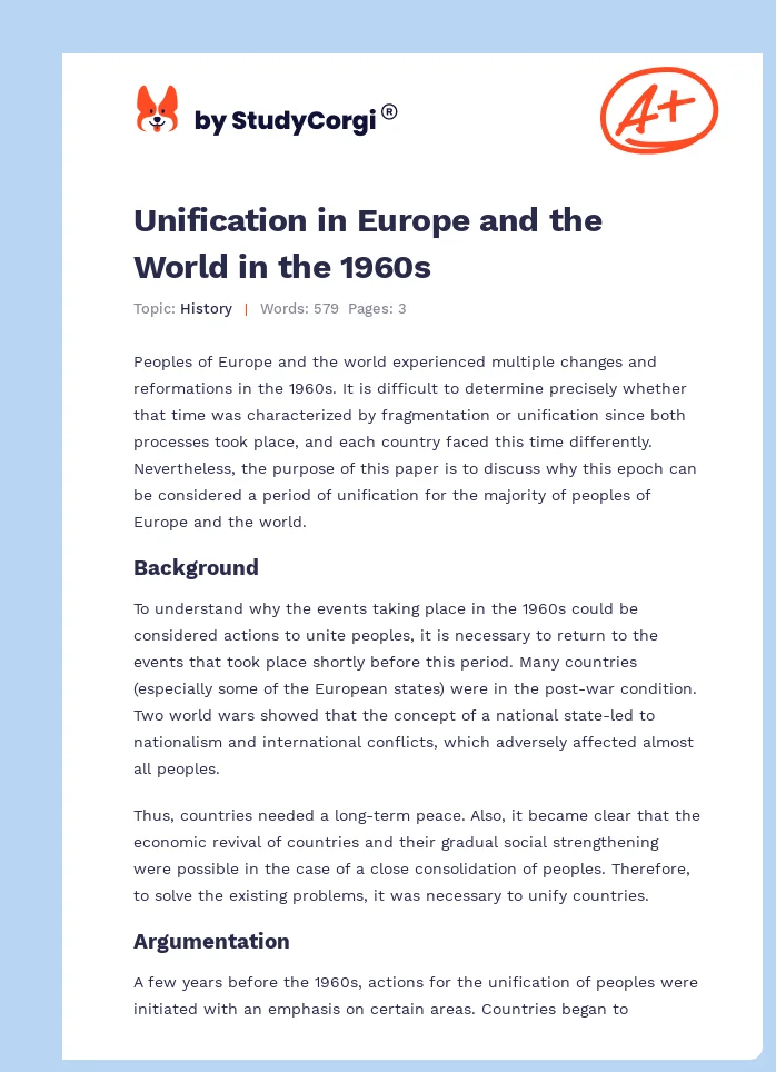 Unification in Europe and the World in the 1960s. Page 1