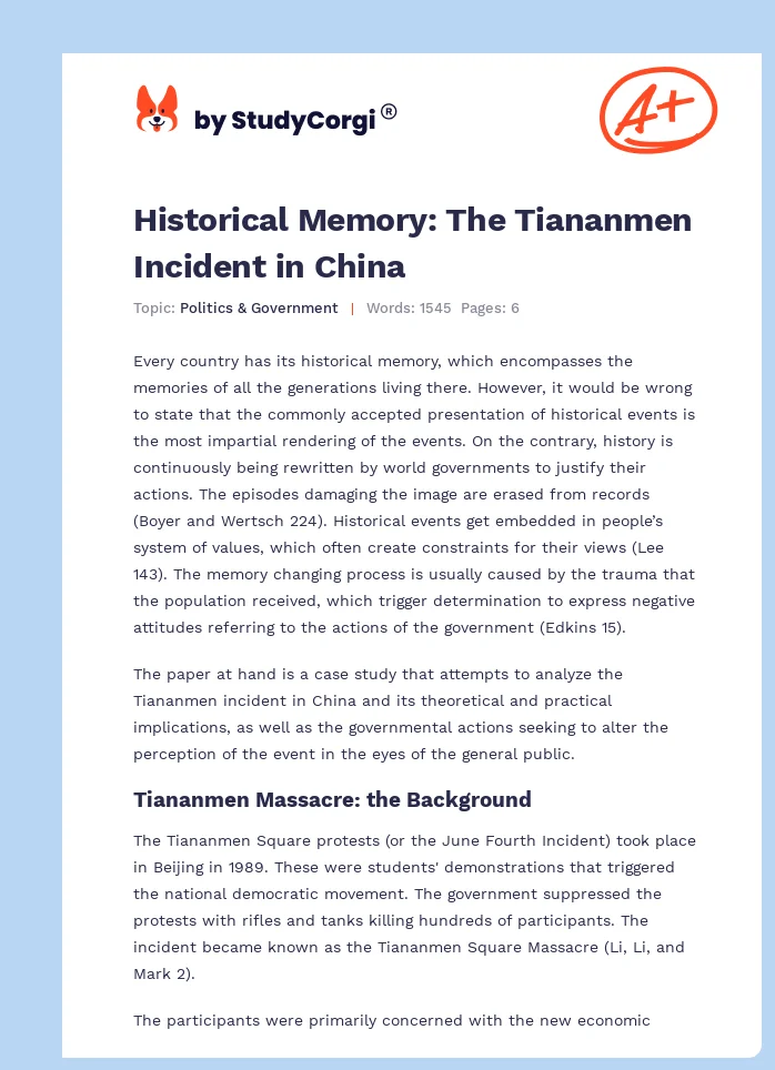 Historical Memory: The Tiananmen Incident in China. Page 1