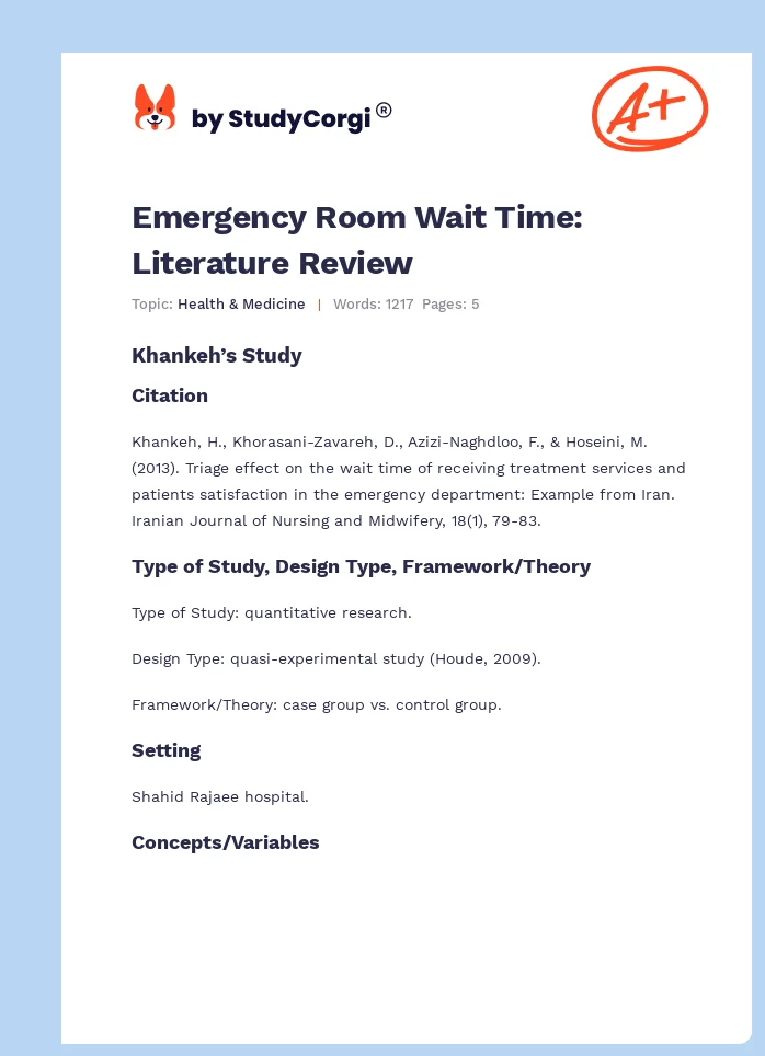 Emergency Room Wait Time: Literature Review. Page 1