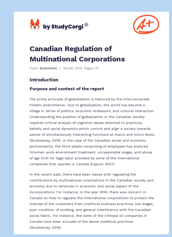 Canadian Regulation of Multinational Corporations. Page 1