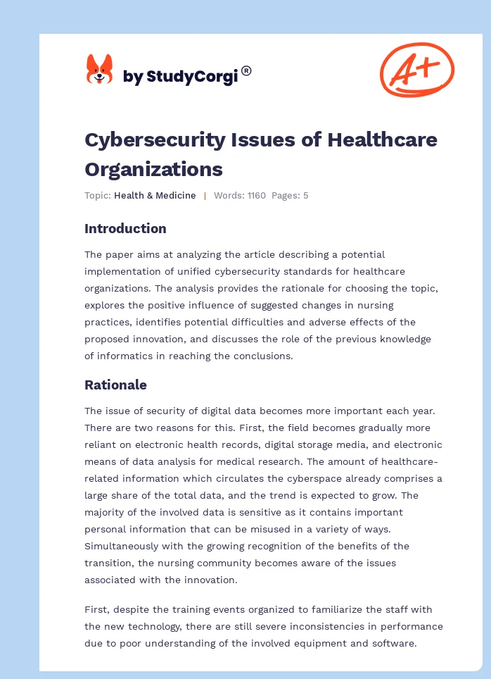 Cybersecurity Issues of Healthcare Organizations. Page 1