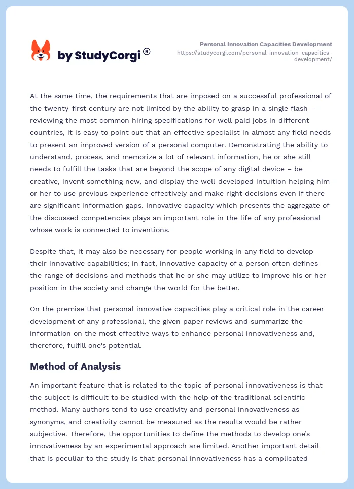 Personal Innovation Capacities Development. Page 2