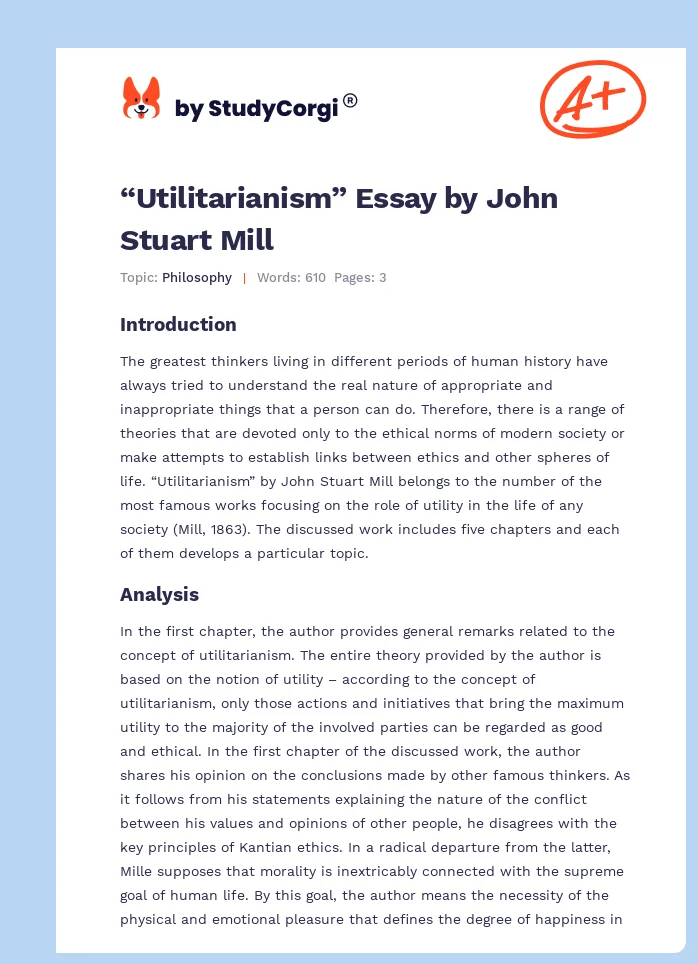 “Utilitarianism” Essay by John Stuart Mill. Page 1