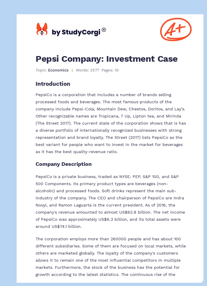 Pepsi Company: Investment Case. Page 1