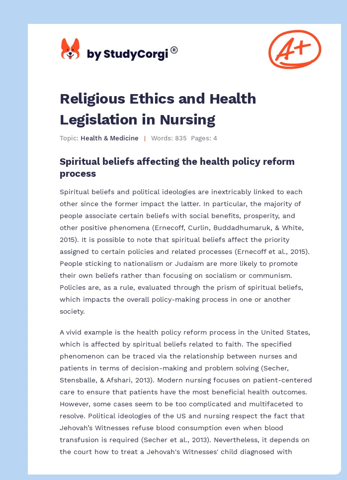 Religious Ethics and Health Legislation in Nursing. Page 1