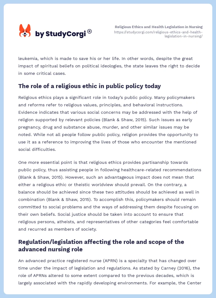 Religious Ethics and Health Legislation in Nursing. Page 2