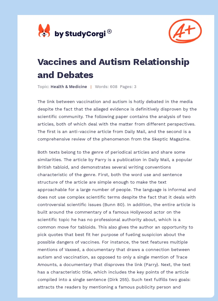 Vaccines and Autism Relationship and Debates. Page 1
