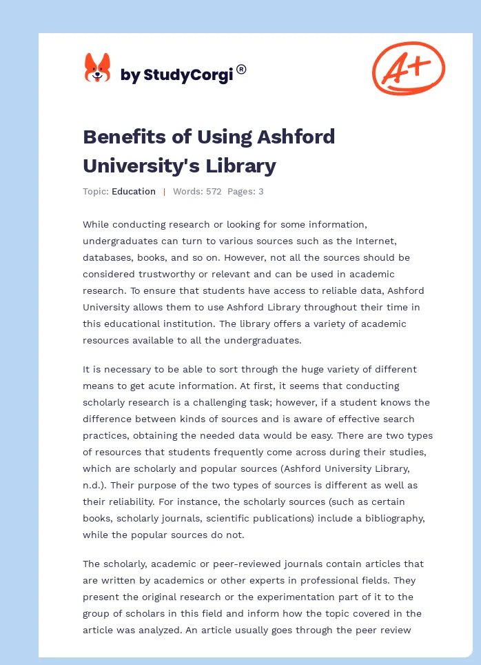 Benefits of Using Ashford University's Library. Page 1