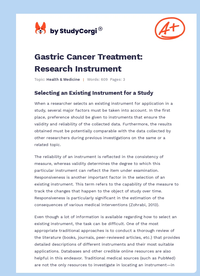 Gastric Cancer Treatment: Research Instrument. Page 1