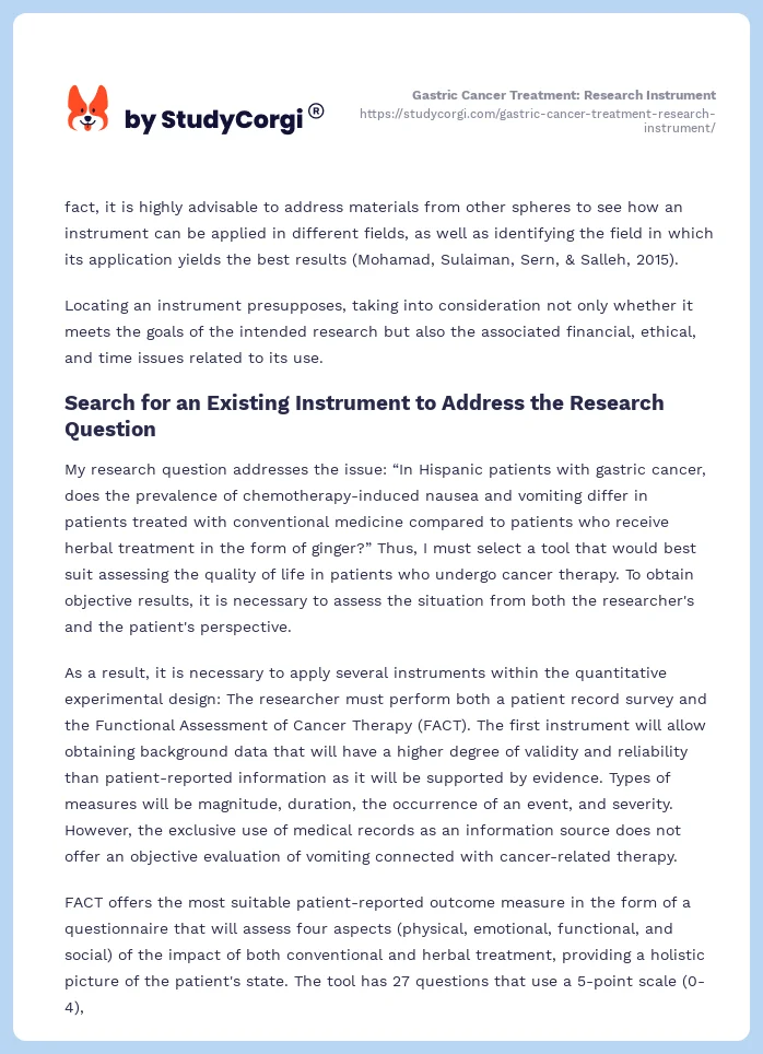Gastric Cancer Treatment: Research Instrument. Page 2