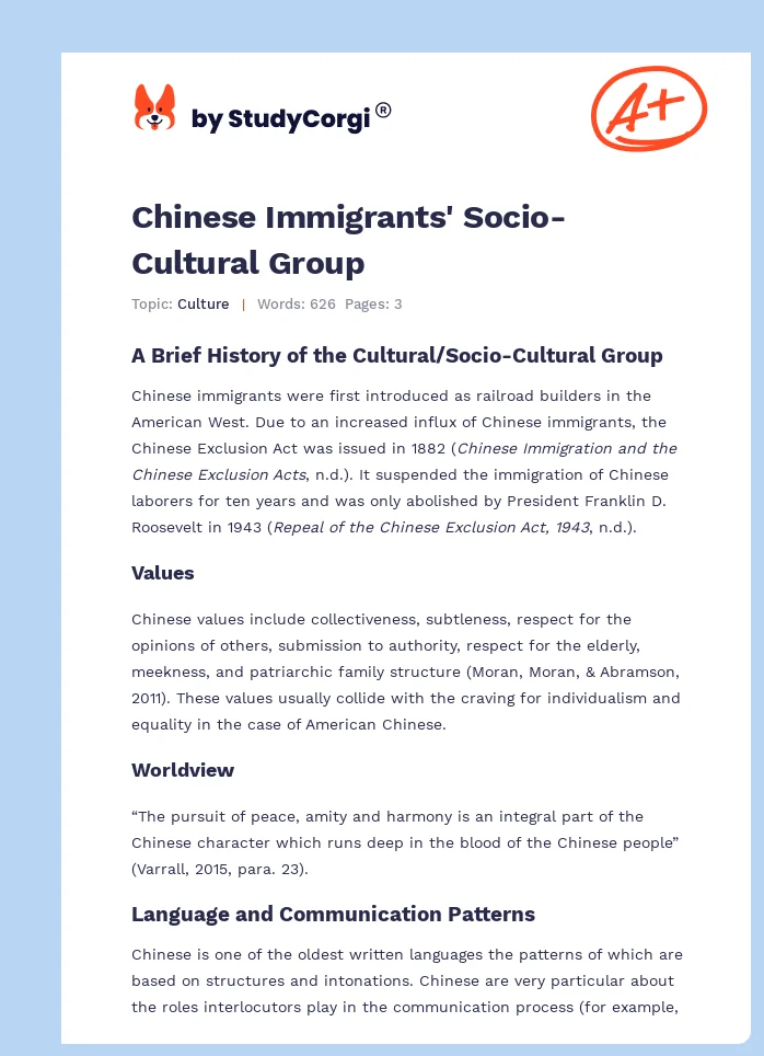 Chinese Immigrants' Socio-Cultural Group. Page 1