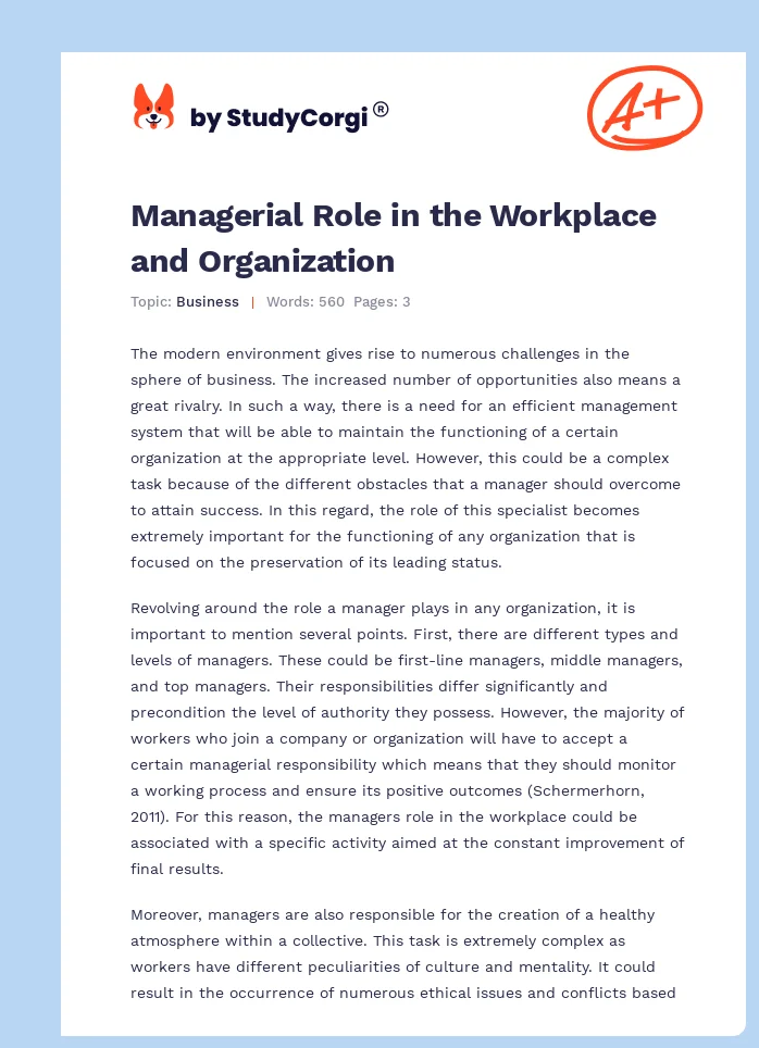 Managerial Role in the Workplace and Organization. Page 1