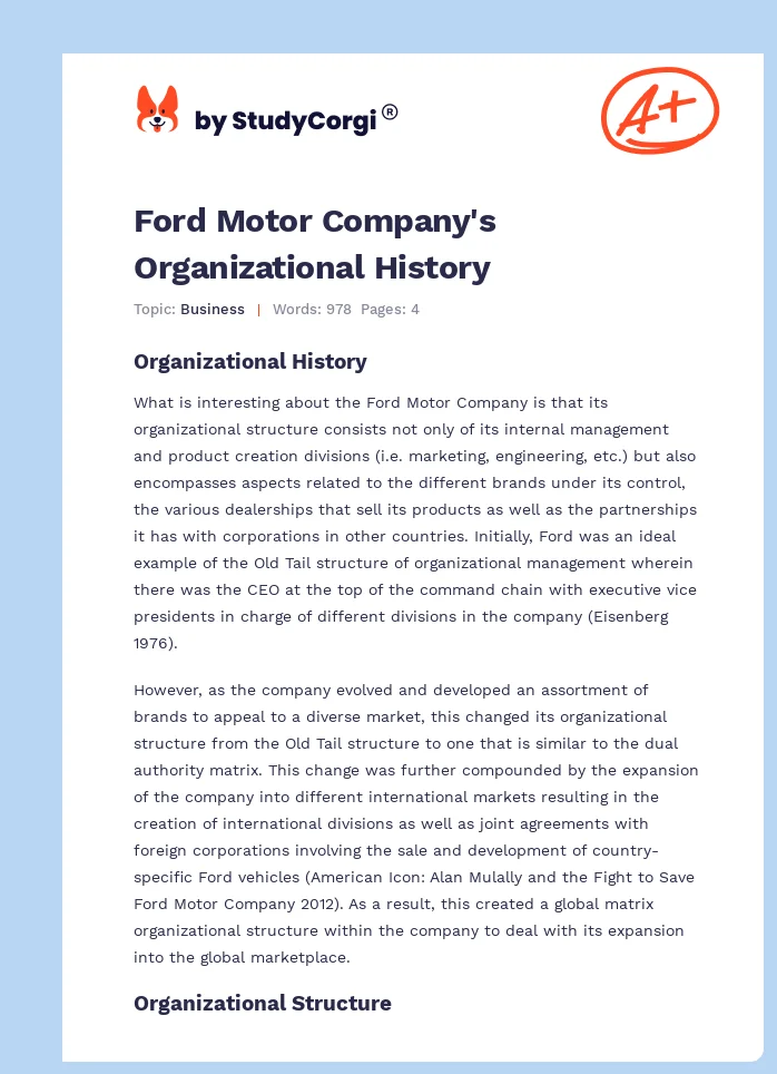 Ford Motor Company's Organizational History. Page 1