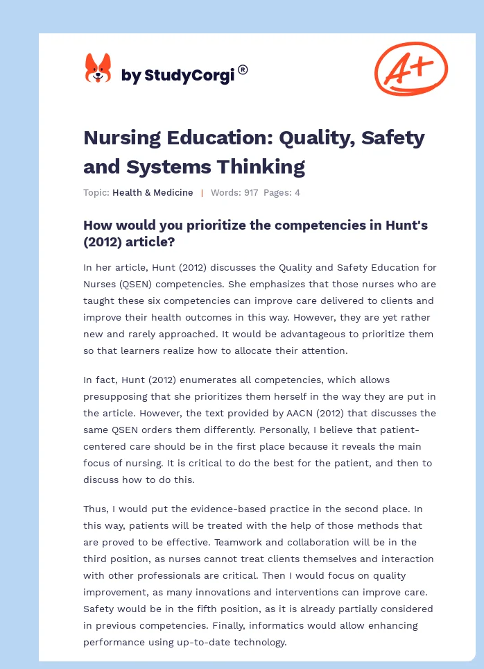 Nursing Education: Quality, Safety and Systems Thinking. Page 1