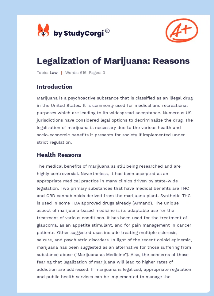 Legalization of Marijuana: Reasons. Page 1