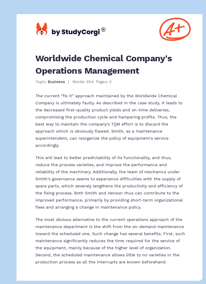 Worldwide Chemical Company's Operations Management. Page 1