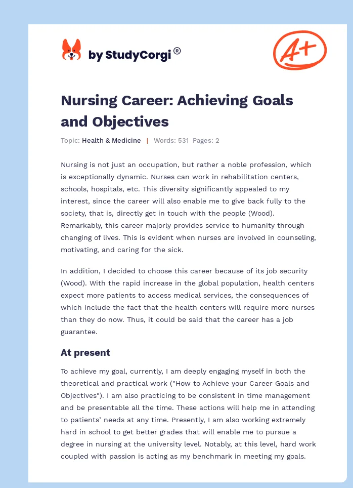 Nursing Career: Achieving Goals and Objectives. Page 1