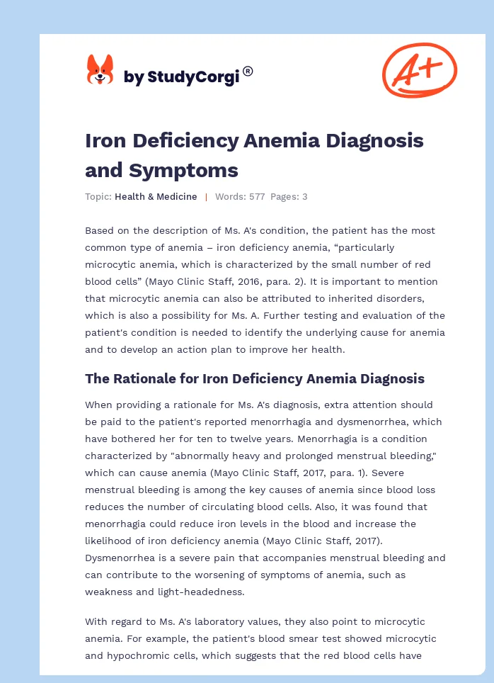 Iron Deficiency Anemia Diagnosis and Symptoms. Page 1