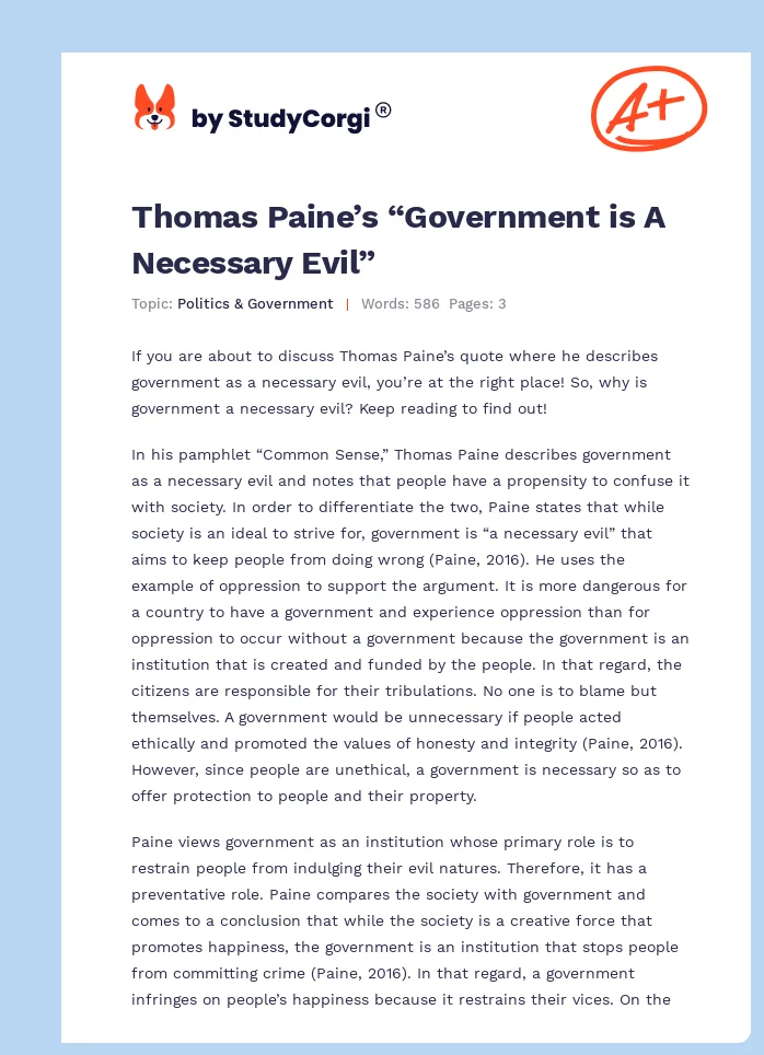 Thomas Paine’s “Government is A Necessary Evil”. Page 1