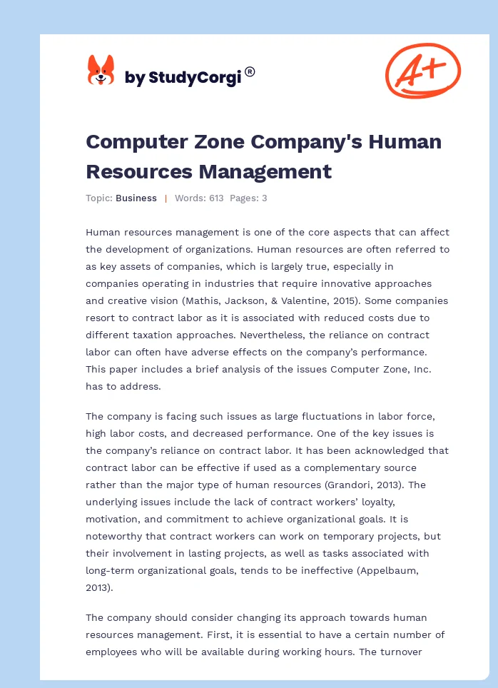 Computer Zone Company's Human Resources Management. Page 1